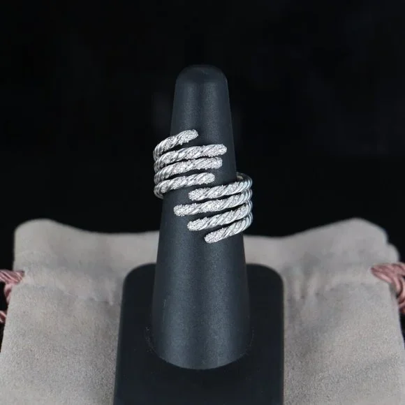 David Yurman Sterling Silver Pave Diamond 4 Row Willow Cocktail Ring Band 6 - Picture 5 of 7